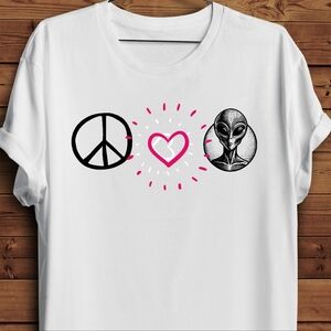 Vinyl Graphic Tee with Peace, Love, Alien Design